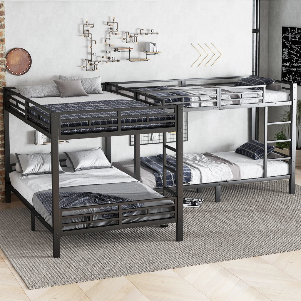 OKWISH Letto a Castello 90×200 cm e 140×200 cm, Letto 3 Posti con Scala a 3 Gradini e Rete a Doghe, senza Materasso, Nero