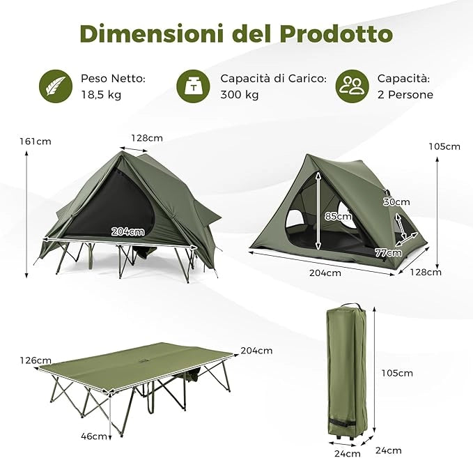 Tenda da Campeggio per 2 Persone, Tenda Impermeabile e Pieghevole con Tenda Pop-up, Letto da Campeggio, Borsa con Ruote, Telo Antipioggia, 2 Porte a Rete e Finestre per Spiaggia e Campeggio