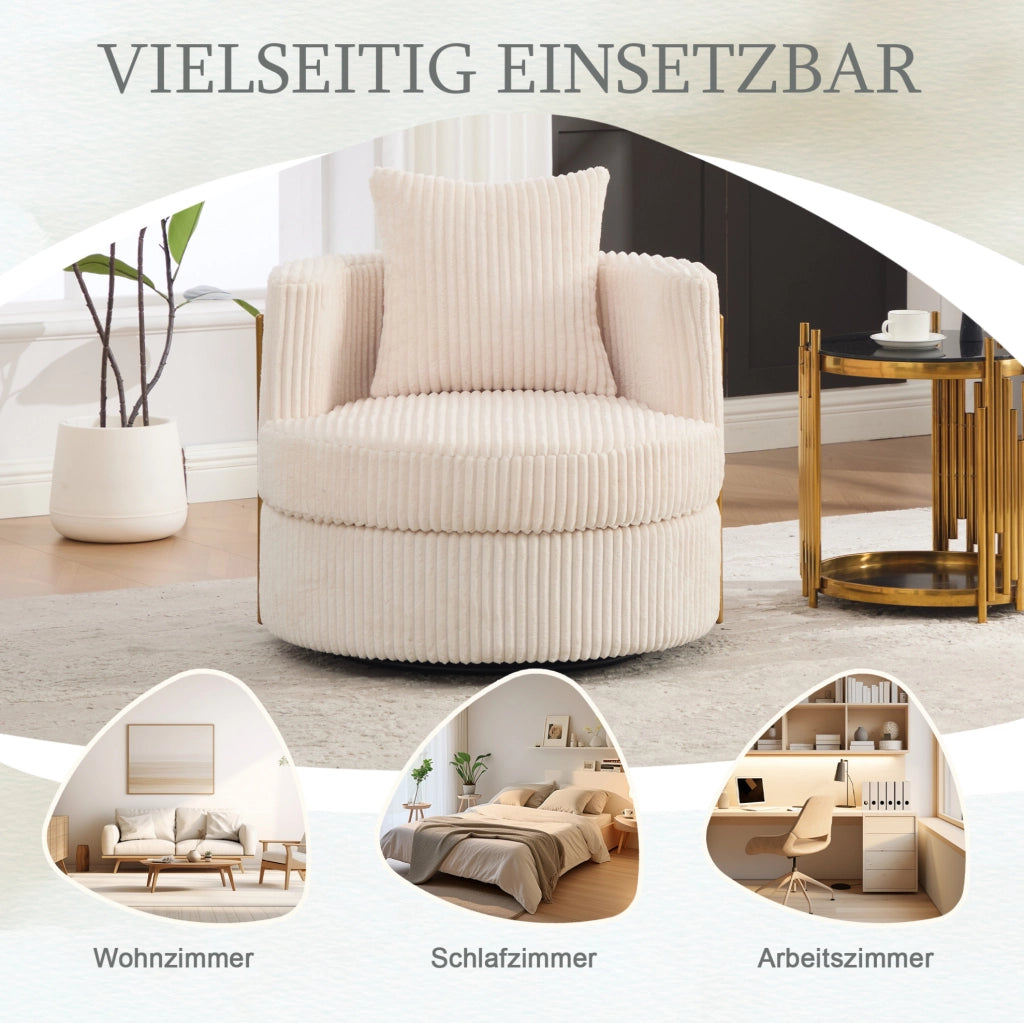 Poltrona girevole 360° in velluto a coste beige con contenitore; 76x79x78 cm