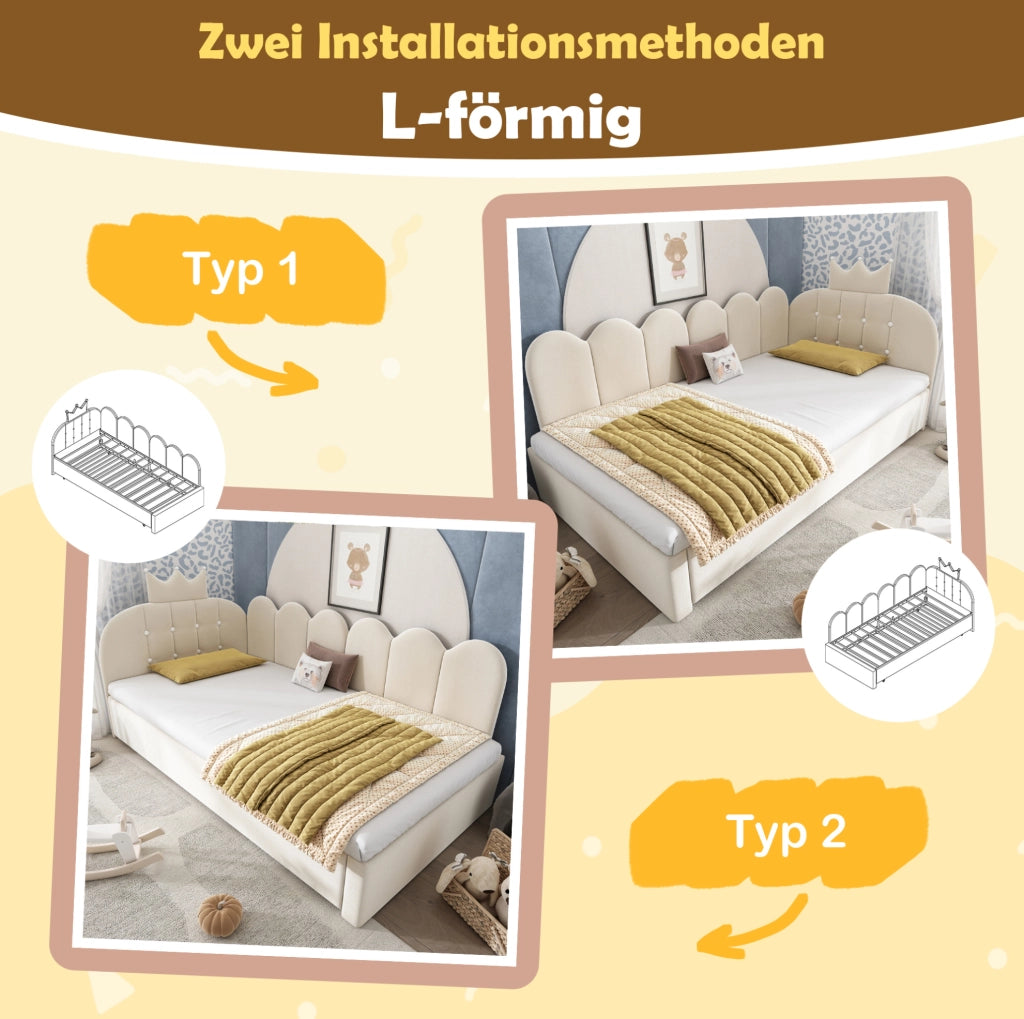 Letto singolo imbottito 90x200 cm con letto estraibile beige