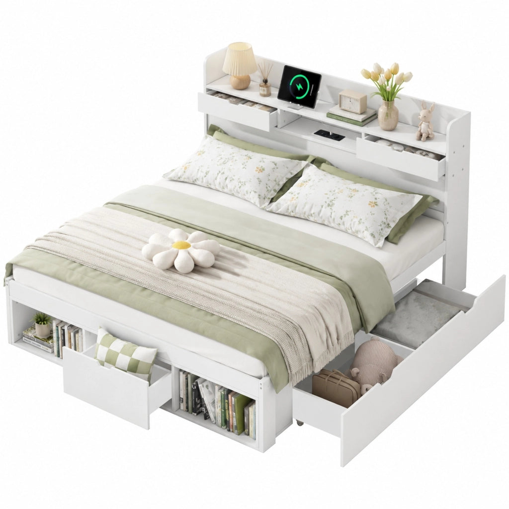 Letto singolo/matrimoniale 140x200 cm bianco con USB, Type-C, cassetti e vano contenitore, senza materasso