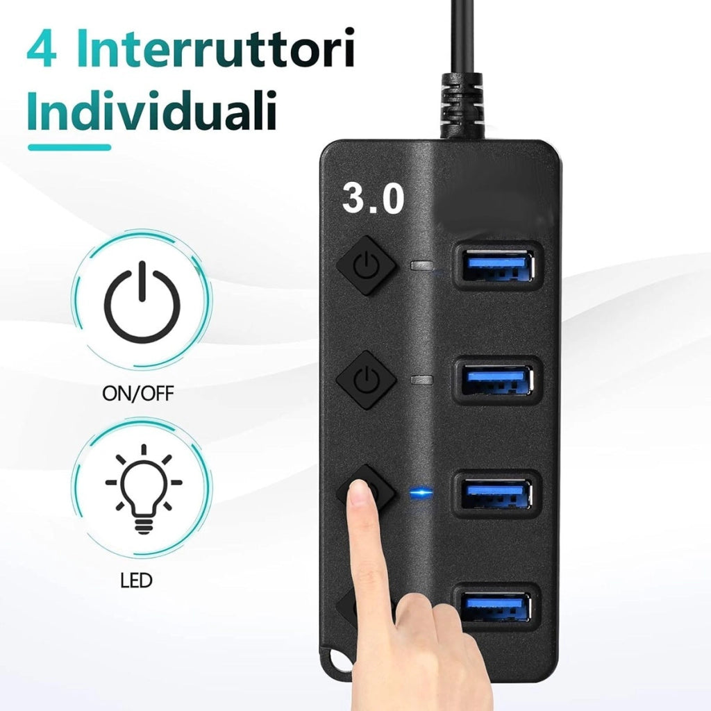 HUB USB 3.0 4 PORTE INTERRUTTORI INDIPENDENTI LED TRASFERIMENTO DATI AS-08055