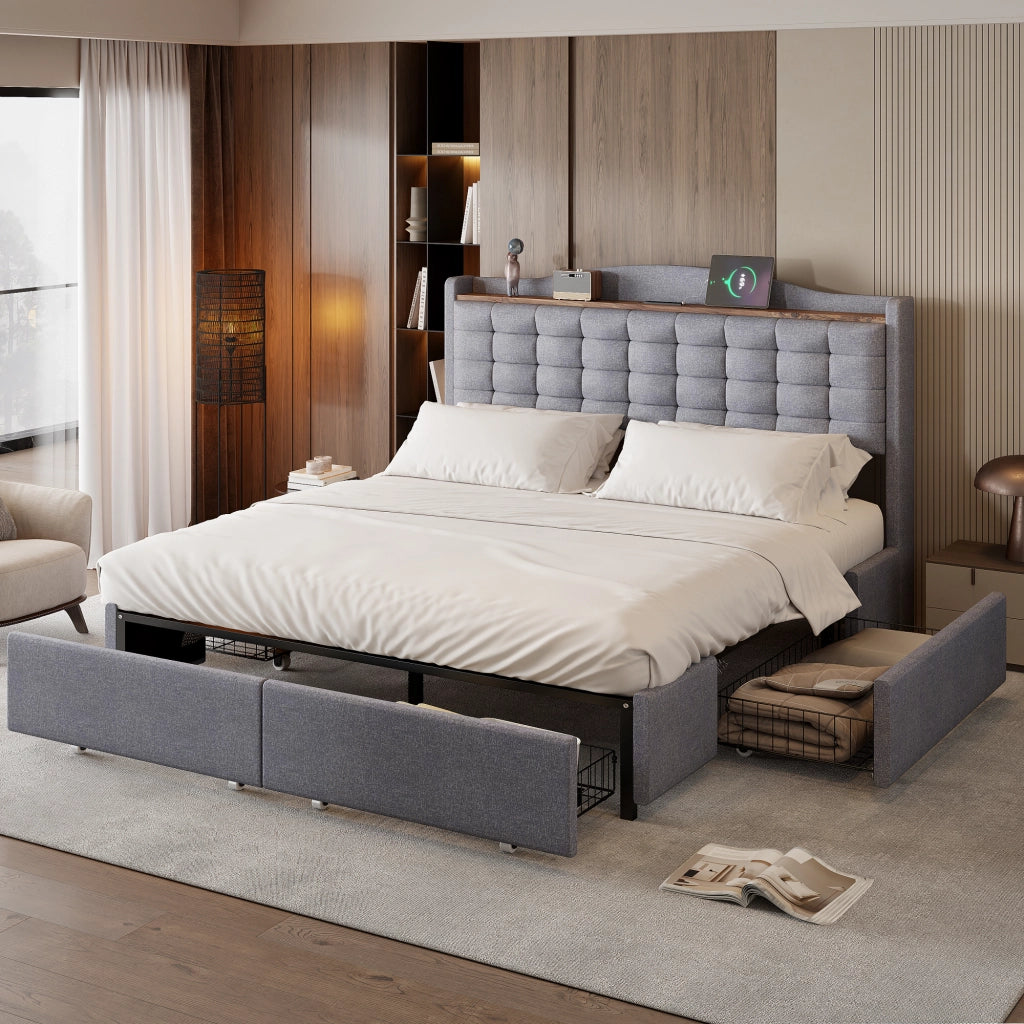 Letto Contenitore Letto Matrimoniale 160x200 cm; USB; Mensola e 4 Cassetti; Grigio