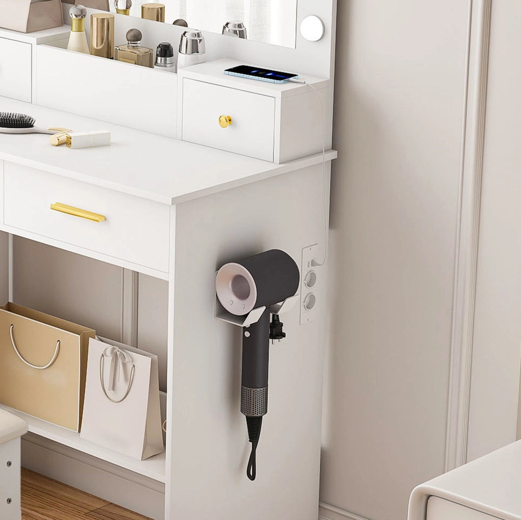 Tavolo da trucco con specchio LED a 3 tonalità; presa elettrica e sgabello imbottito; bianco