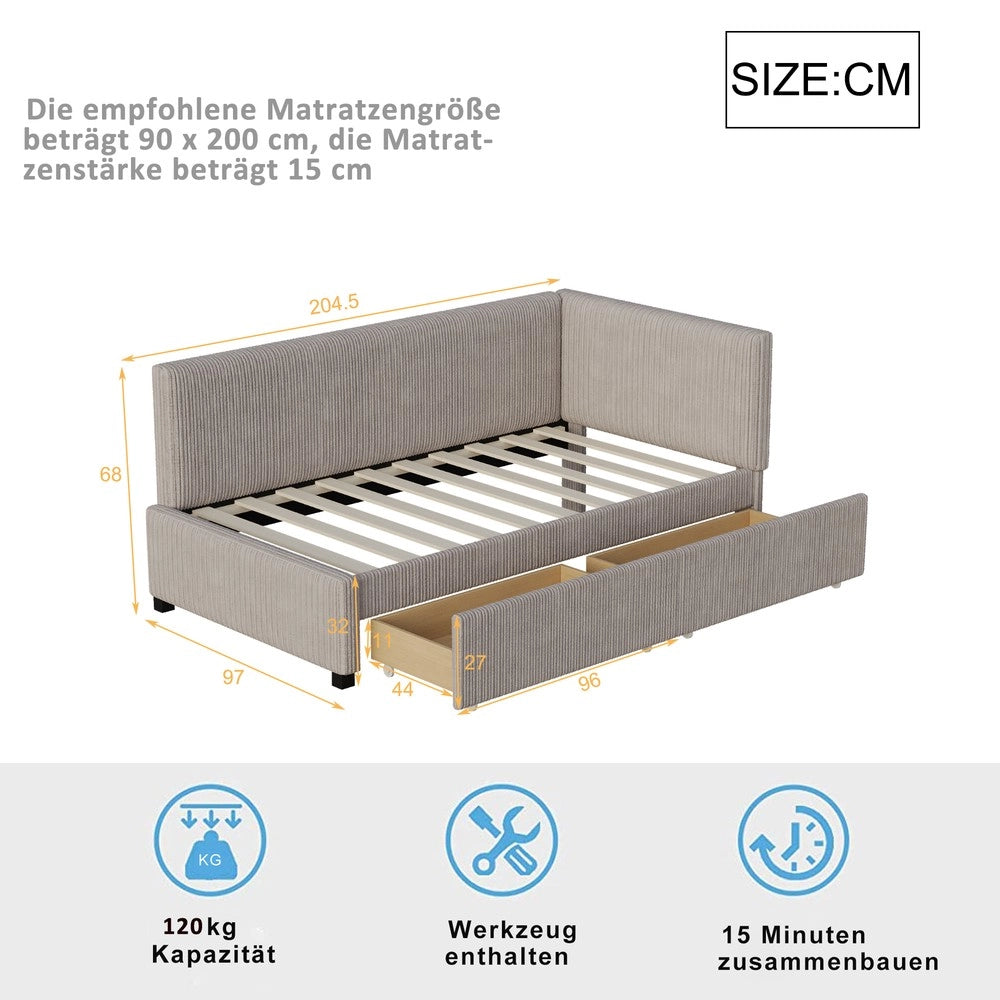 Letto imbottito con cassetti e rete a doghe ¨C Minimal ¨C Grigio velluto 90x200 cm