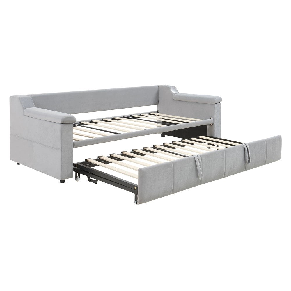 Letto Imbottito con Rete a Doghe e Bluetooth ¨C MINIMAL ¨C Velluto Grigio Chiaro 90x190 / 180x190