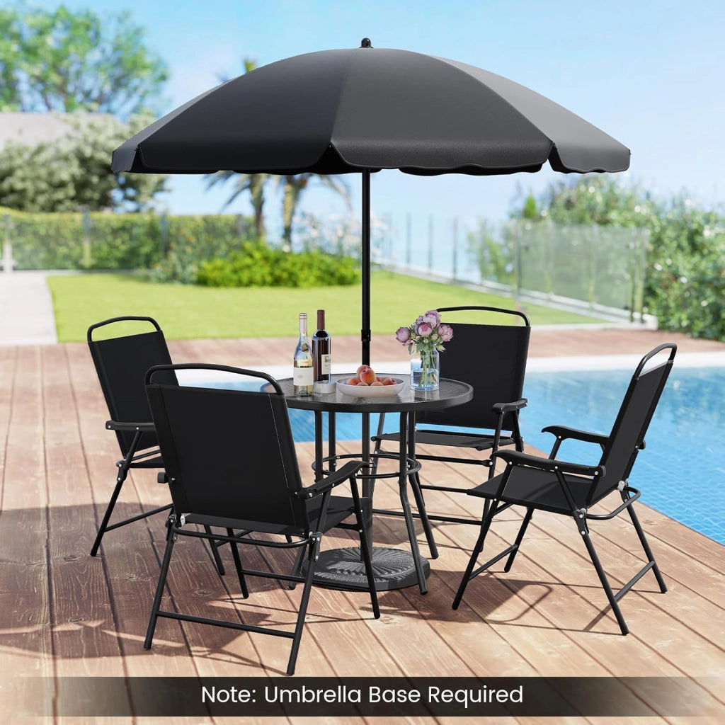 Set da Bistrò in Tessuto Textilene, Set da Giardino in 6 Pezzi, con Ombrellone, Tavolo e 4 Sedie Pieghevoli, Set Tavolo e Sedie da Balcone, Set da Esterno per Patio, Bordo Piscina, Nero