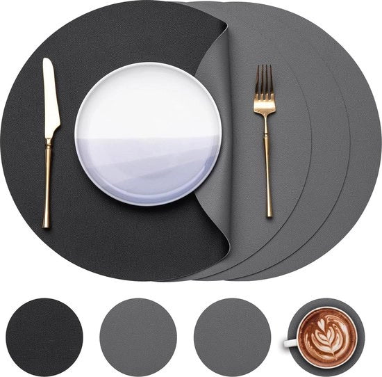 Set di Tavoli da Pranzo con 4 pezzi - Panno Faux Pelle a Doppia Faccia Senza Scivolo Resistente ai Macchiamenti in Grigio e Nero