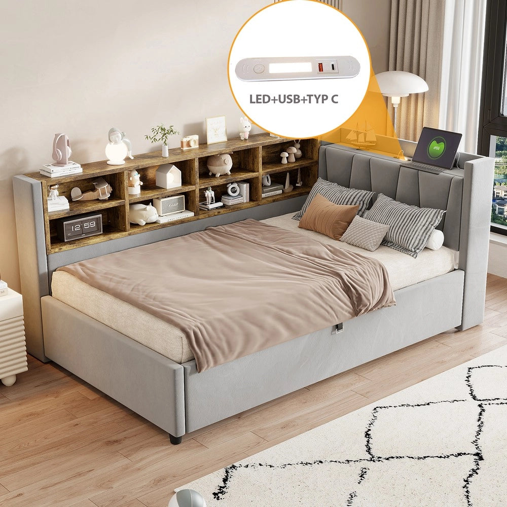 Letto Imbottito Contenitore 90x200 con Testiera, LED, USB ¨C MINIMAL ¨C Velluto Grigio Chiaro