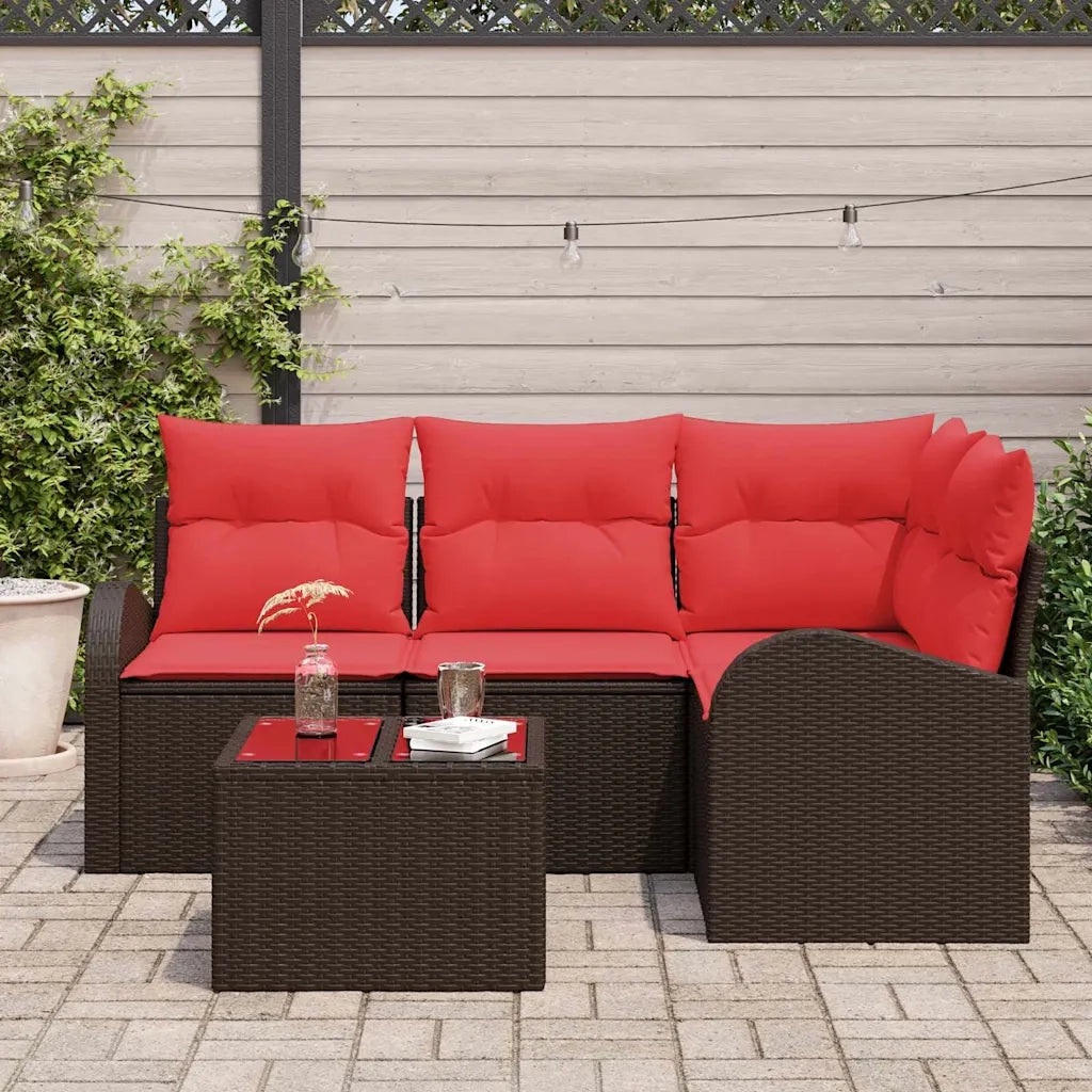 Set Divano da Giardino 5 pcs Marrone e Rosso polyrattan