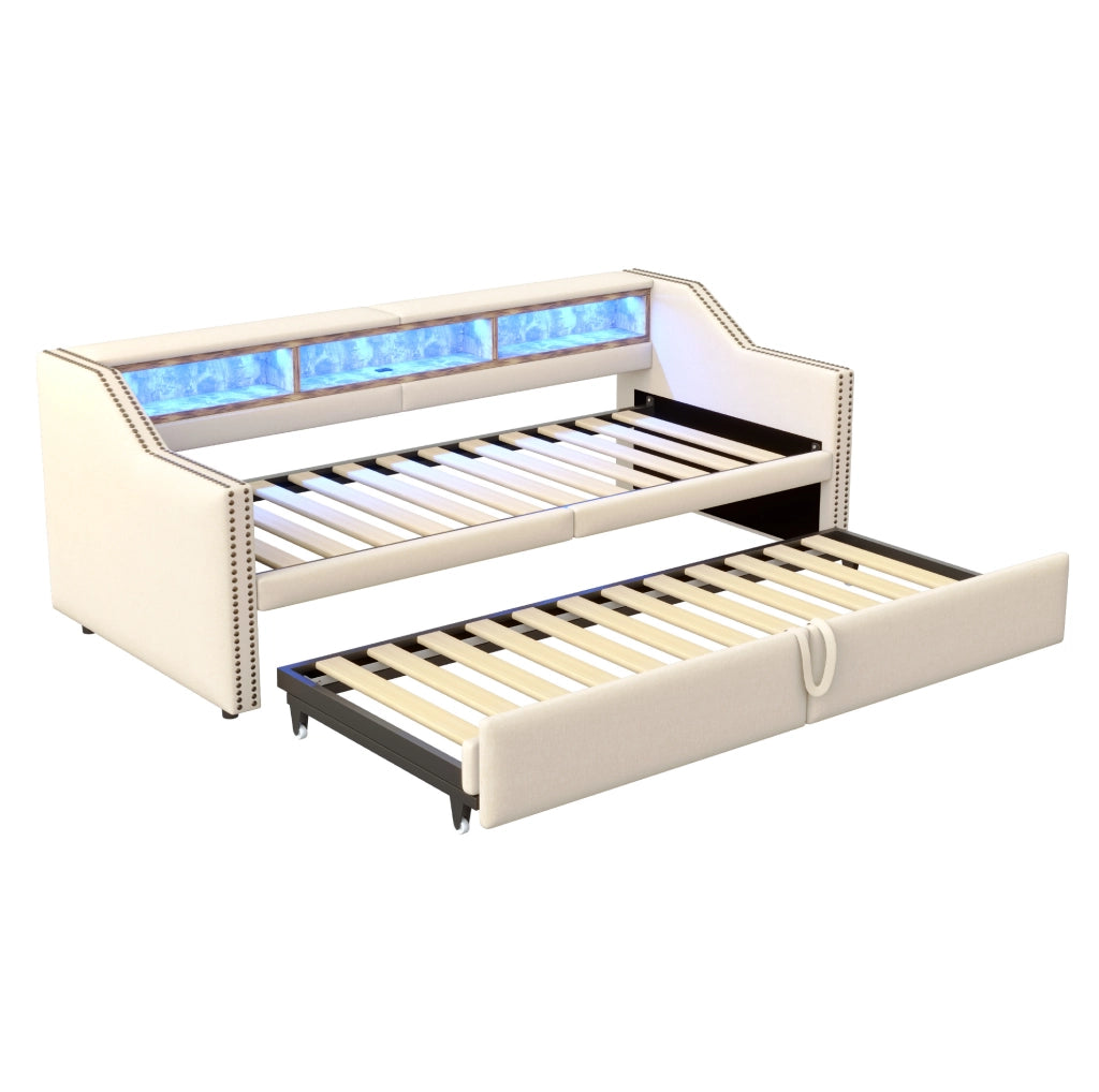 Letto imbottito estraibile 90/180 x 200 cm con vani portaoggetti; LED e USB; beige