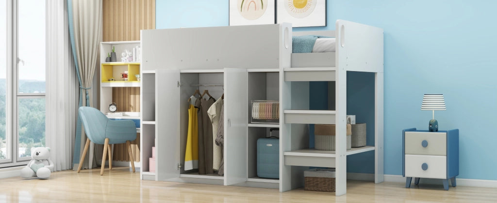DESMIU Letto a Soppalco per Bambini 1 Posto con Armadio, Scaffali e Scala 90 × 200 cm, senza materasso