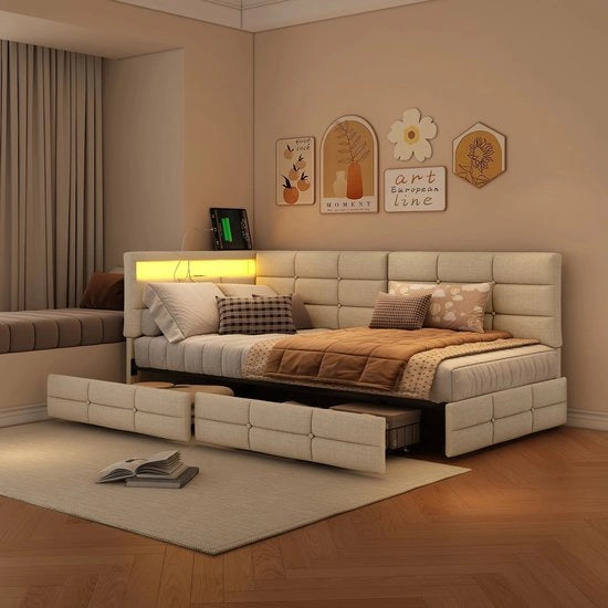 Sala da letto L con letto 90/140x200cm, dotata di porta USB e LED, con spazio di carico per accessori.