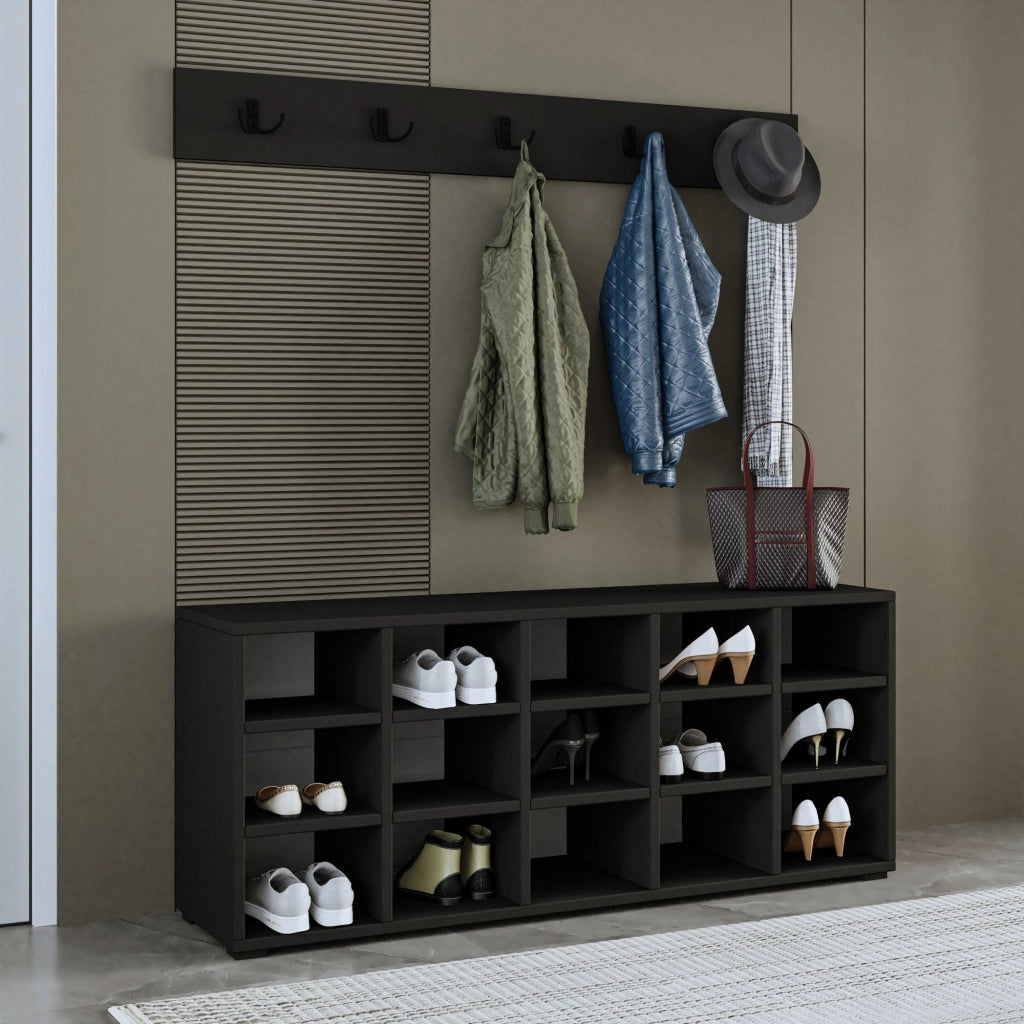 Scarpiera in legno "Talu" con appendiabiti - 120 x 30 x 52 cm - Grigio antracite