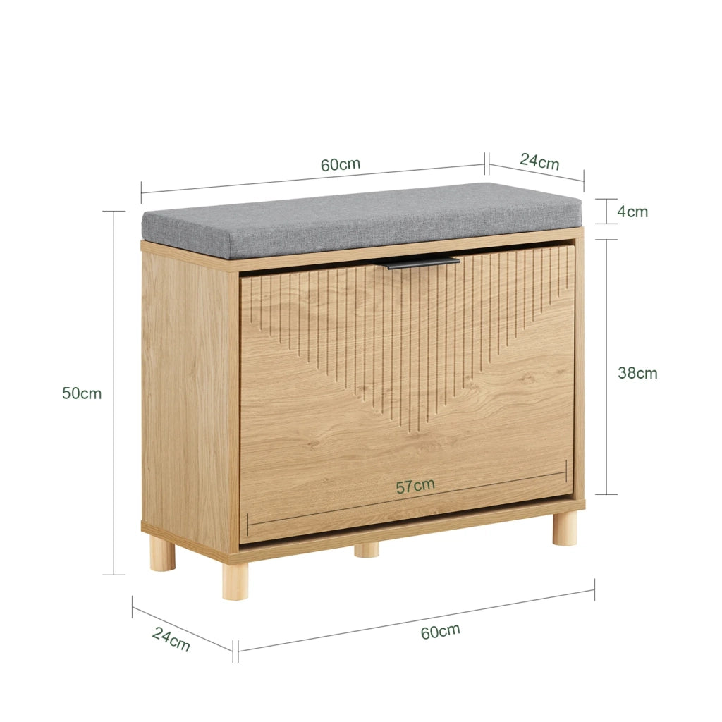 SoBuy Scarpiera Panca Ingresso Scarpiera Salvaspazio Slim con Cuscino - Panca Contenitore con Ribalta per Scarpe - Adatta a Ingresso, Corridoio - Legno Chiaro e Grigio, 60x24x50cm, FSR199-N