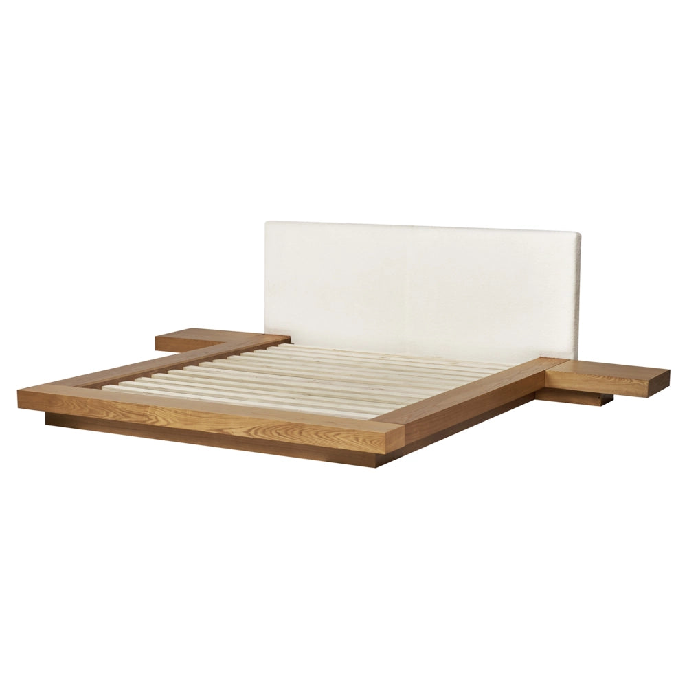 Letto a LED in stile giapponese in frassino naturale 160 x 200 cm testata in legno impiallacciato bouclé camera da letto a basso profilo