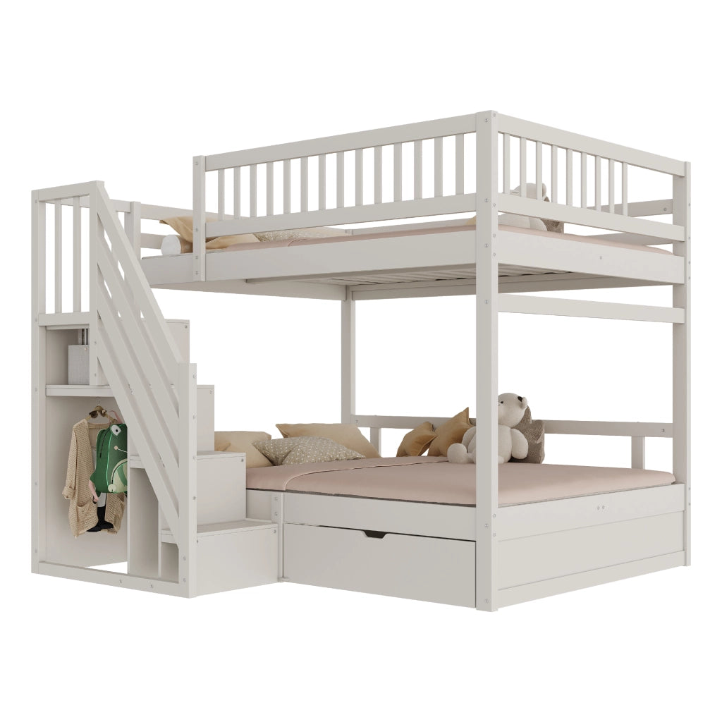 DESMIU Letto a Castello 2 Posti con Scala Contenitore, Cassetto e Sponde Alte, 140 × 200 cm, Senza Materasso