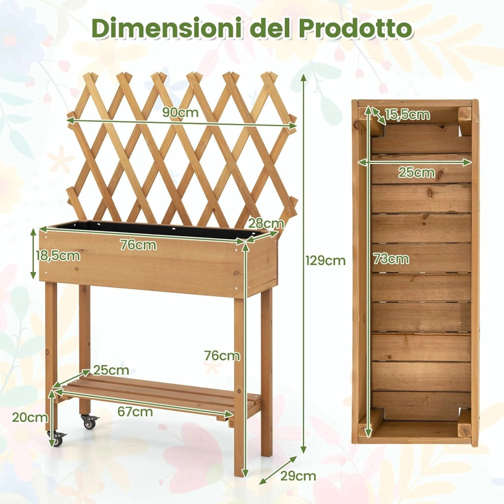 Fioriera Rialzata per Piante Rampicanti, Aiuola Rialzata con Grigliato, Ruote Bloccabili, Ripiano, Gambe e Fodera, Orto Rialzato da Esterno in Legno, 90 x 29 x 129 CM