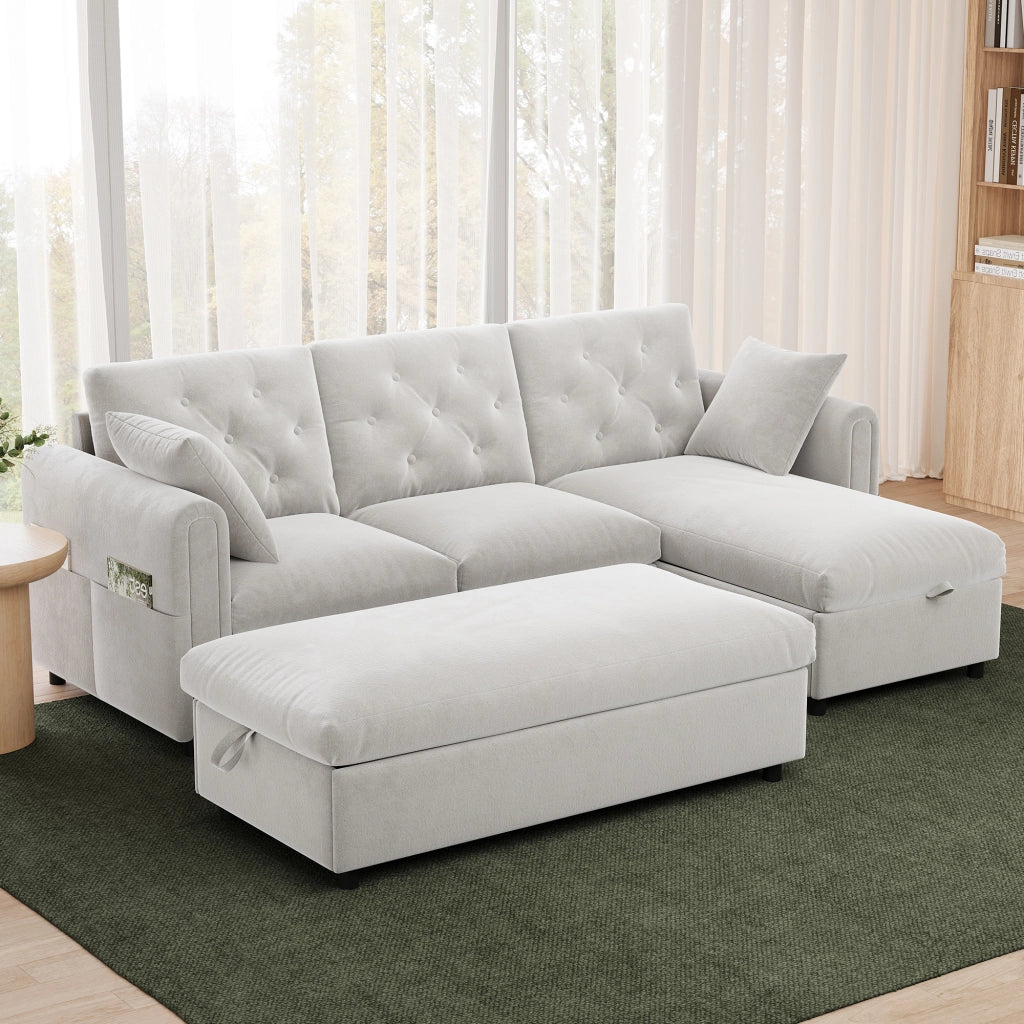 Divano in velluto beige con chaise longue reversibile, pouf contenitore e funzione letto temporanea