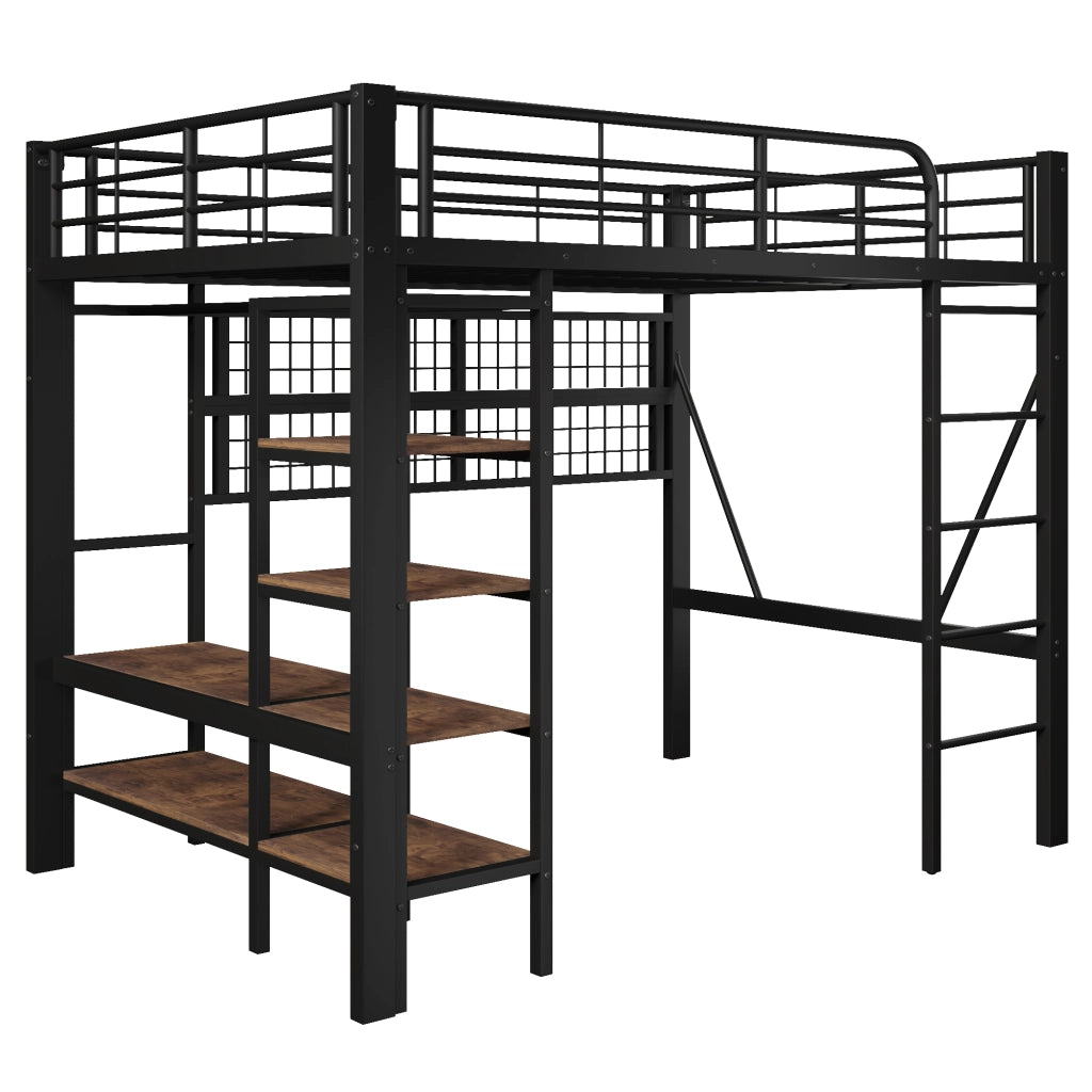 Letto a Soppalco con LED ¨C MINIMAL ¨C Ferro Nero 140x200, Barra Appendiabiti, Senza Materasso