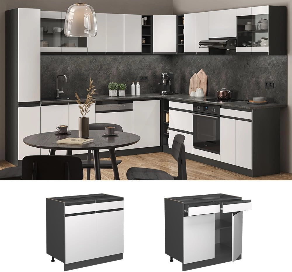 Mobiletto base per cucina R-Line, Bianco, 80 cm Forma a J, senza piano di lavoro, per la libera combinazione all'interno di sistemi cucina modulari
