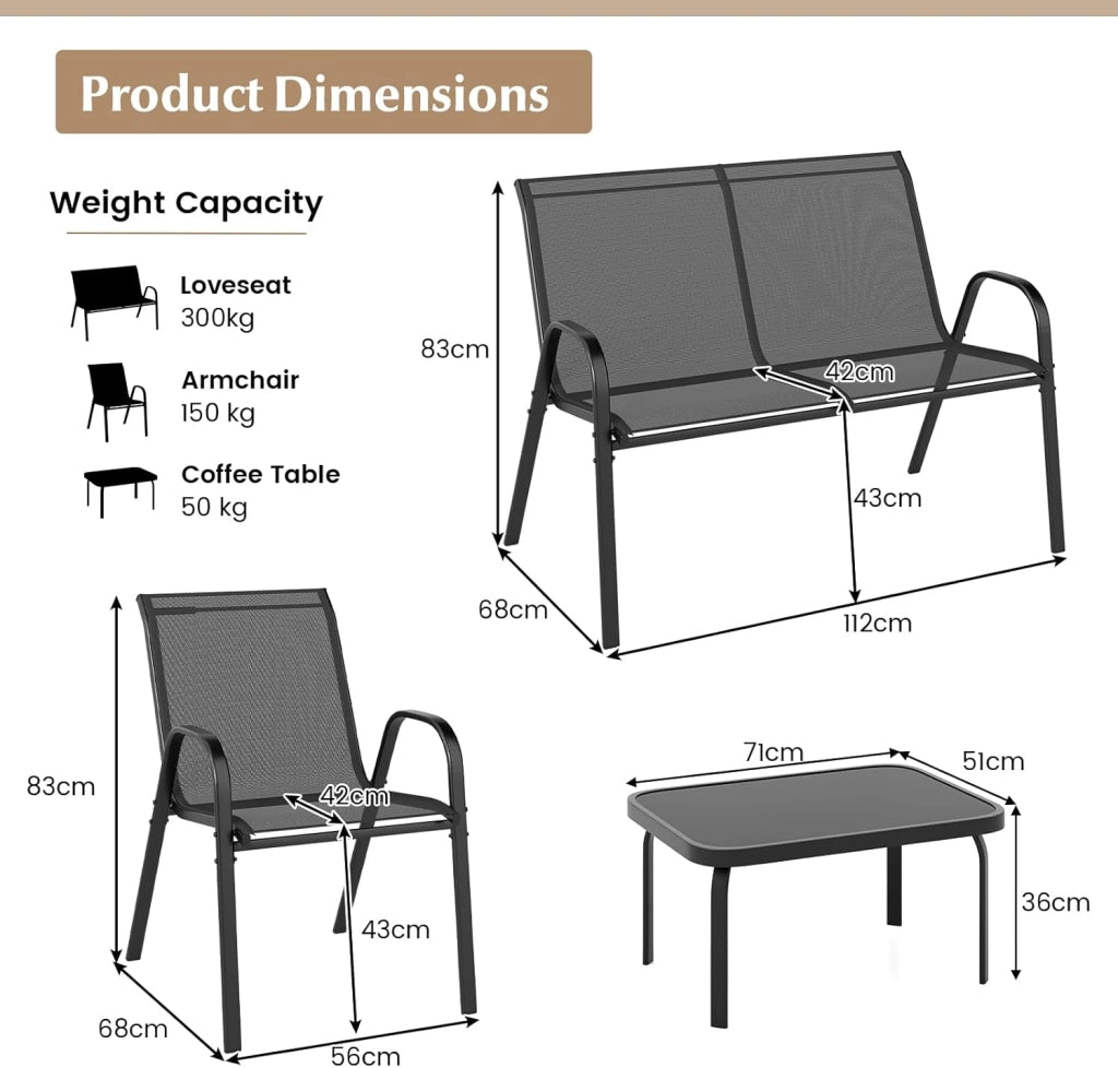 Set di 4 mobili da giardino per esterni, set di mobili da giardino, mobili da balcone, per terrazze, esterni, con tavolino da caffè e panca da giardino e 2 sedie da pranzo, set per 4 persone