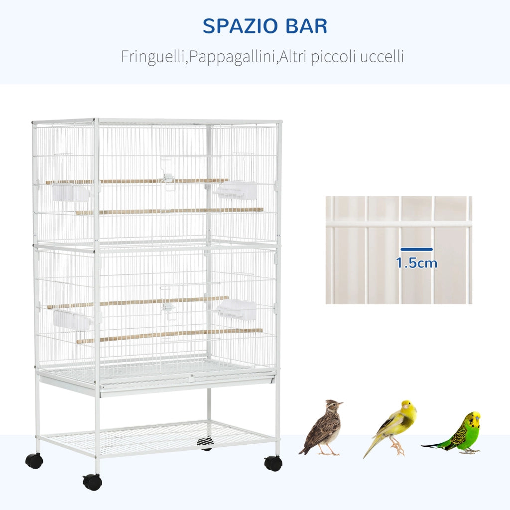 Gabbia per Uccelli da Interni 78x52x132 cm con Vassoio Estraibile 4 Ruote e Trespolo Bianco