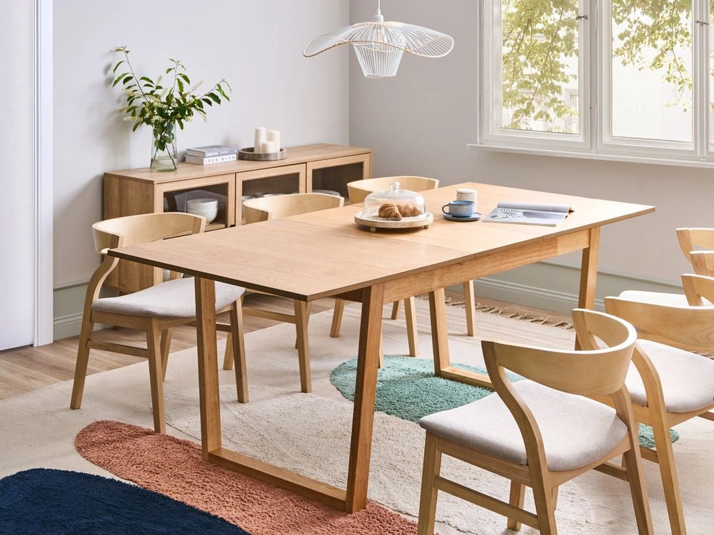 Tavolo da pranzo allungabile impiallacciato in legno di frassino chiaro MDF 160/200 x 95 cm Piano Design moderno Base a canale