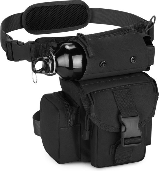 Zaino tattico con contenitori di bottiglia, staffe militari, staffe per motocicletta, zaino per gambe, staffe per capo, staffe militari per capo, staffe per capo, zaino a tracolla, zaino per strumenti per campeggio, nero