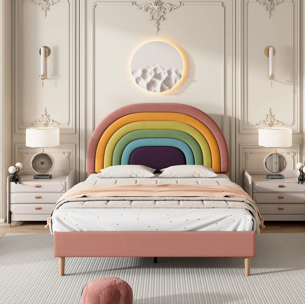 Letto imbottito 140x200 cm in velluto rosa con rete a doghe