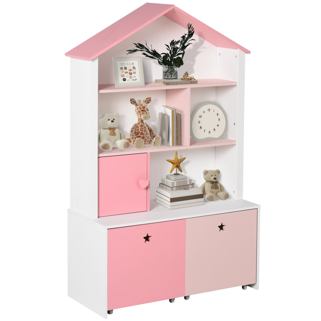 Libreria bambini con 4 ripiani, 1 porta e 2 cassetti ¨C zephmum ¨C rosa e bianco 80x34x130 cm