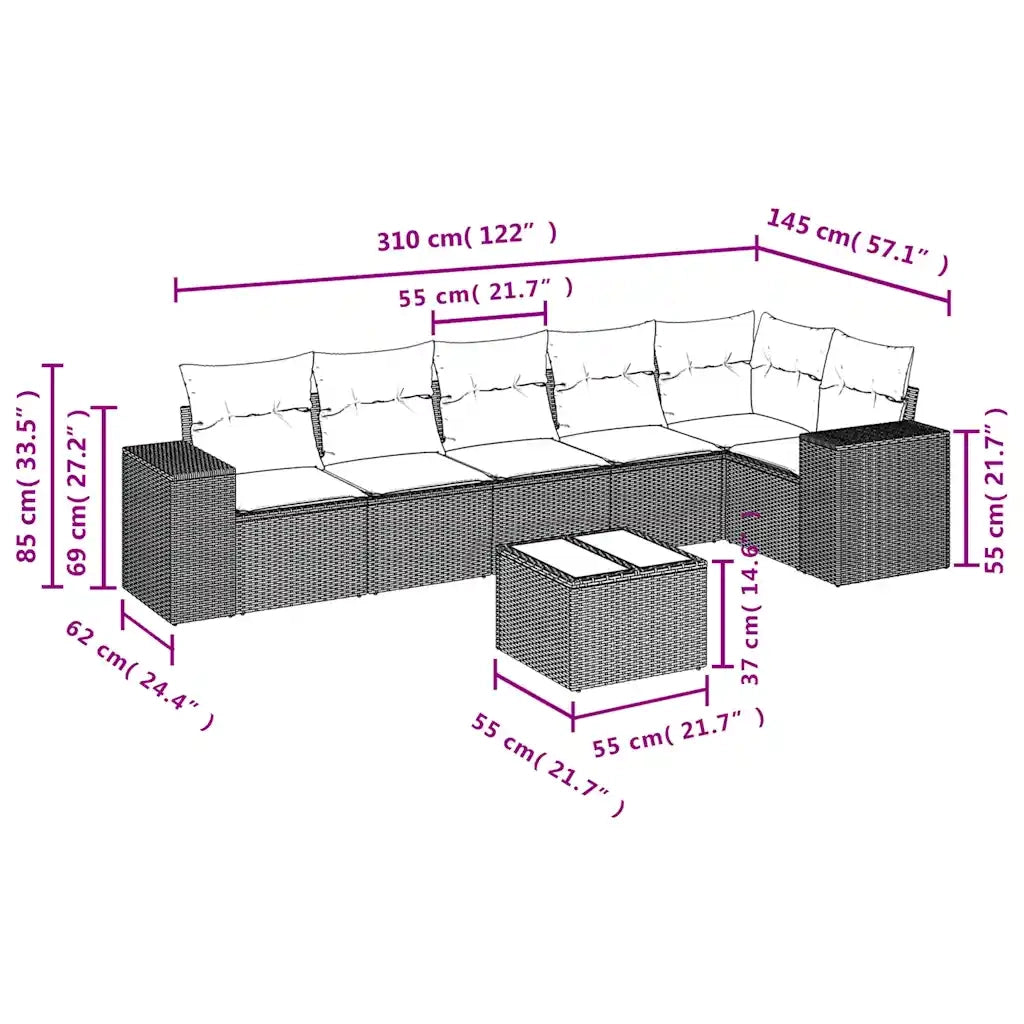 Set Divani da Giardino 7 pz con Cuscini Marrone in Polyrattan