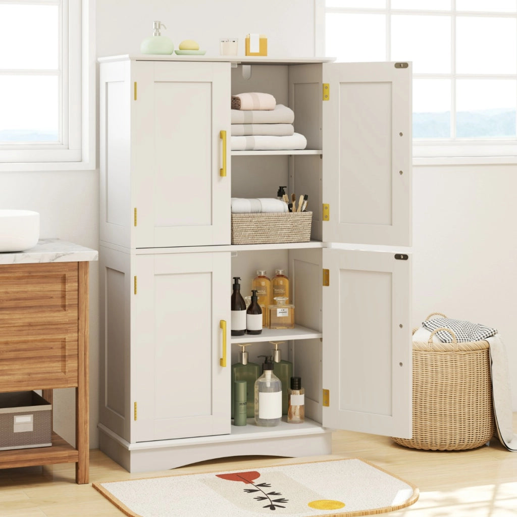 Armadio portaoggetti da terra per bagno con 4 ante e 2 ripiani regolabili-Credenza per cucina e soggiorno Bianco