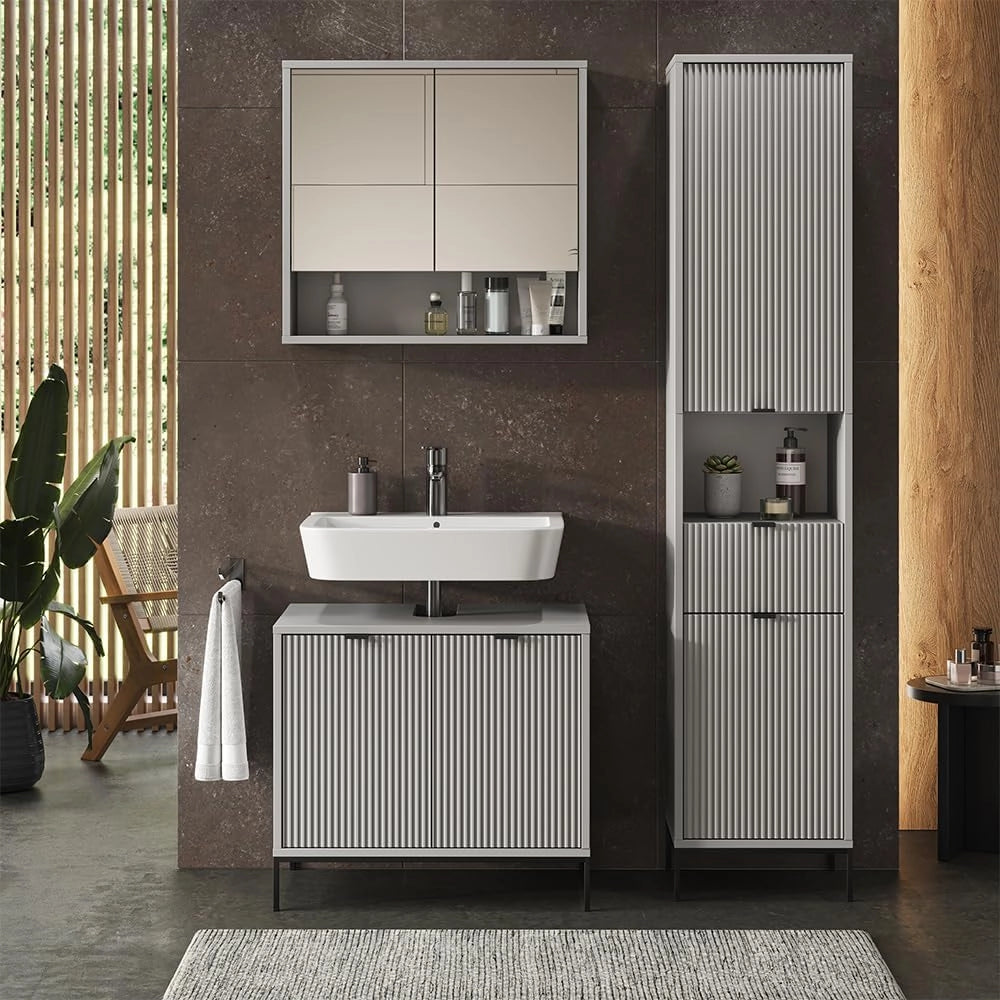 Armadio per il bagno Eliza, Grigio, 40 x 190 cm con ante e cassetto, per la conservazione di accessori da bagno e combinabile con la serie Eliza