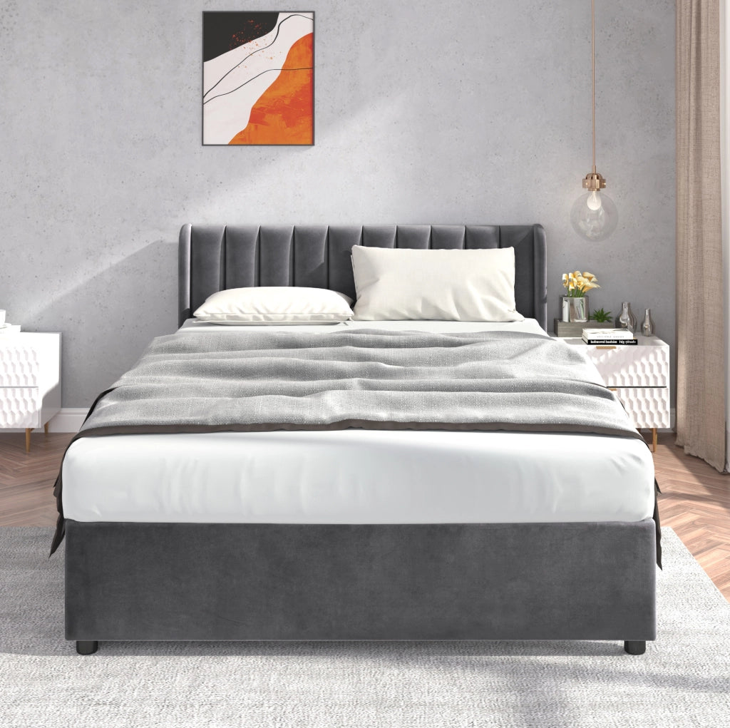 Letto matrimoniale 160x200 cm in velluto grigio con testiera alta; 2 cassetti e rete a doghe