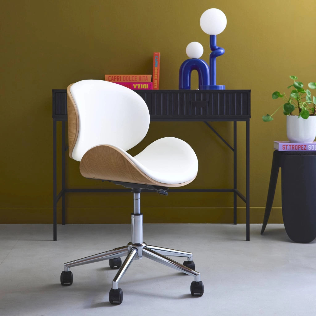 Sedia da ufficio con rotelle, effetto legno curvato e similpelle,