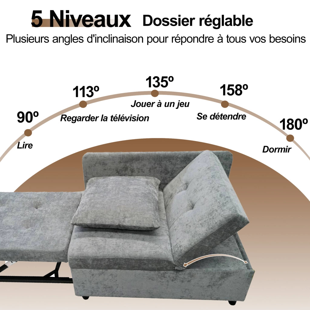 Divano Letto 3 in 1 con Schienale Regolabile a 5 Posizioni; Cuscino e Rivestimento in Lino Grigio 177 x 68 x 65 cm