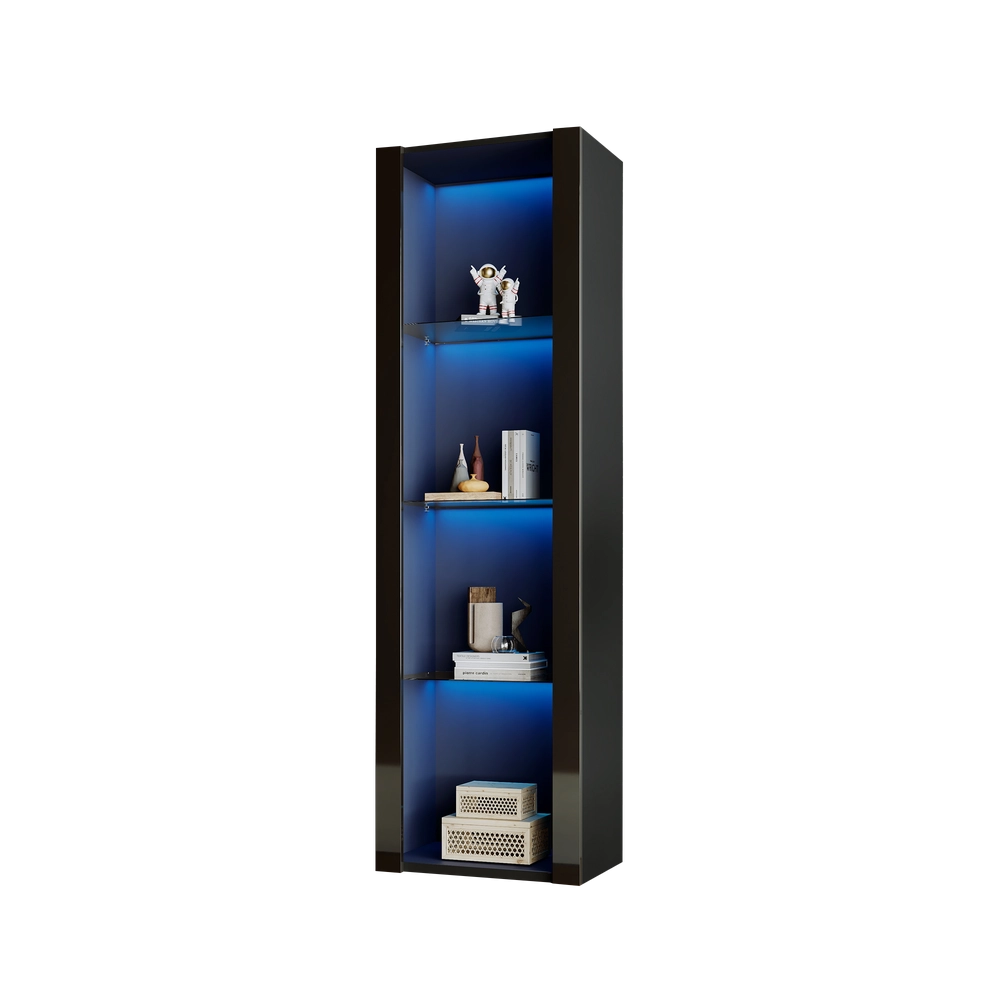 Vetrina con Illuminazione LED ¨C MINIMAL ¨C Nero Lucido, 3 Ripiani in Vetro, 55x38x166 cm