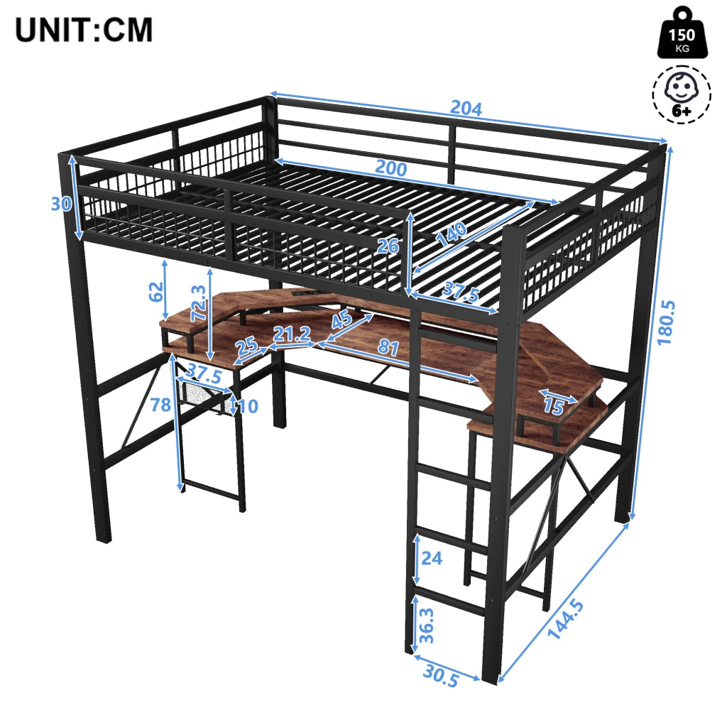 DESMIU Letto a soppalco 2 posti con scrivania, LED, USB, Type-C e 2 prese 140 × 200 cm, senza materasso