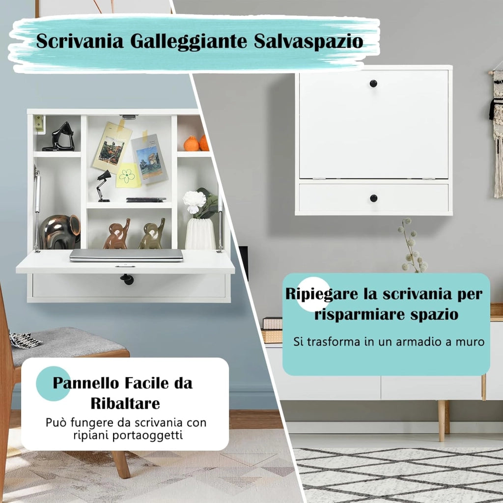 Scrivania Pieghevole a Muro, Tavolo da Parete con Ripiani e Cassetto e Piano Ribaltabile, Scrivania a Ribalta da Parete Multiuso da Studio Camera da Letto e Soggiorno (Bianco)