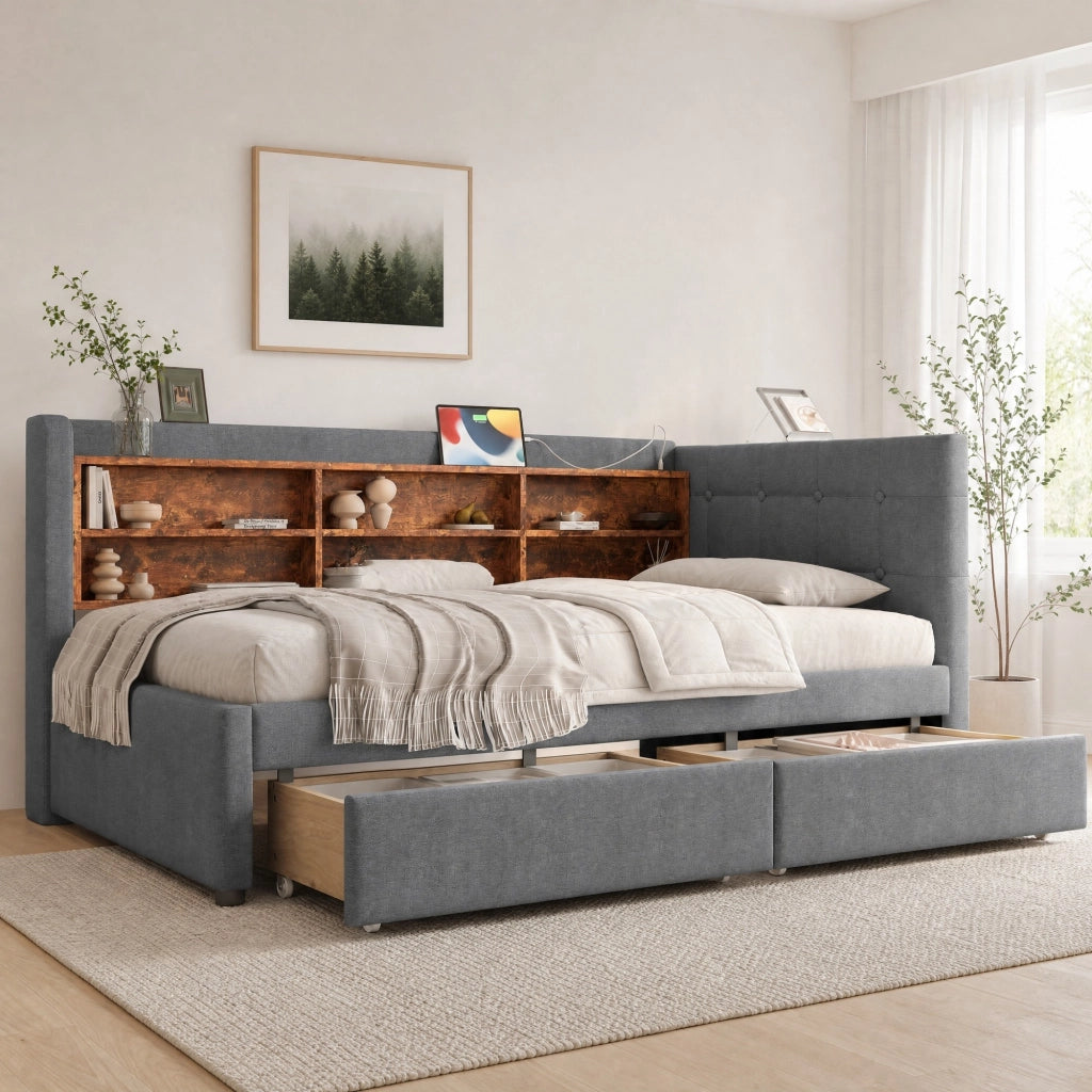 Letto singolo 90x200 cm grigio con cassetti, USB e Type-C