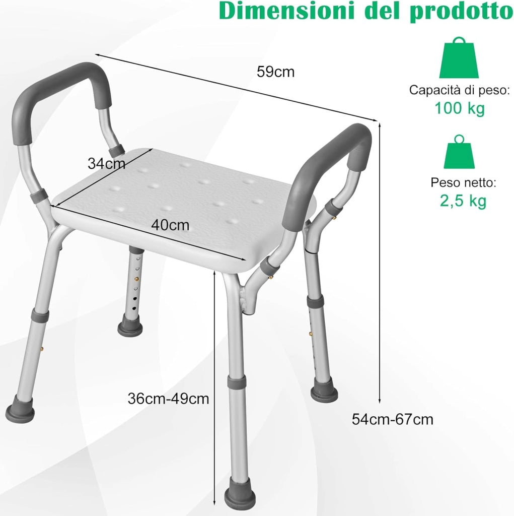 Sgabello Doccia, Sedia per Doccia Regolabile in 6 Altezze con Braccioli Imbottiti Staccabili e Piedini in Gomma Antiscivola, Portata 100 kg, Seggiolino da Bagno per Anziani (Blu) (Grigio)