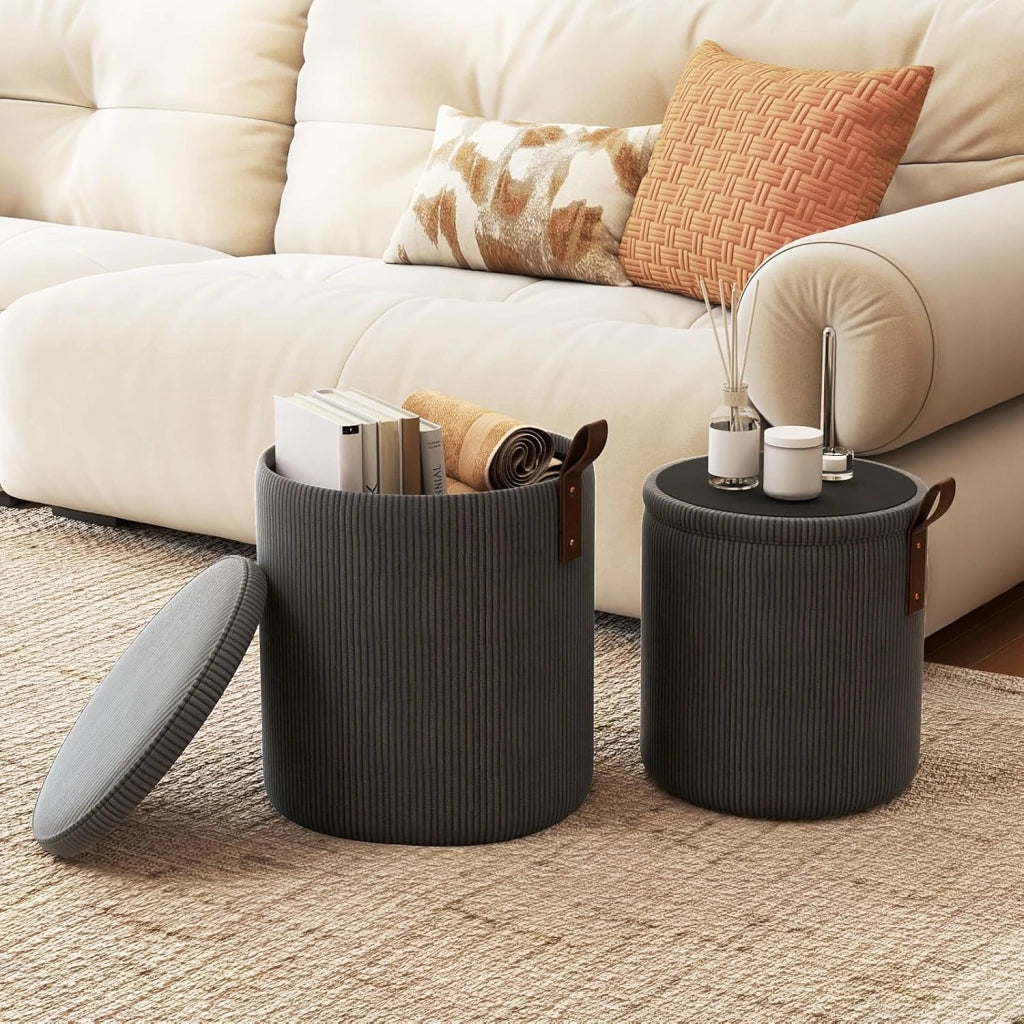 Set di 2 Pouf Contenitore in Velluto, Pouf Rotondi Imbottiti da 40L + 25L, Sgabelli con Contenitore per Soggiorno, Camera da Letto, Portata 150 kg (Grigio)