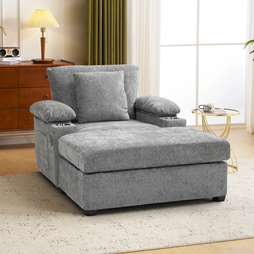 Chaise longue in ciniglia con portabicchieri, vano contenitore nei braccioli e supporto ergonomico grigio
