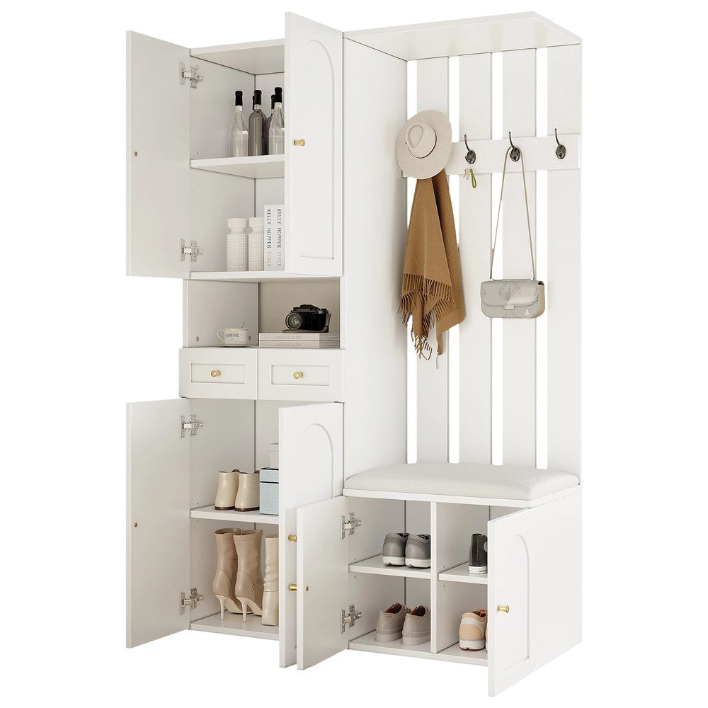 Set Ingresso con Scarpiera, Panca e Appendiabiti ¨C MINIMAL ¨C Bianco, 4 Ganci, 6 Ante, 2 Cassetti, 110x180x37 cm