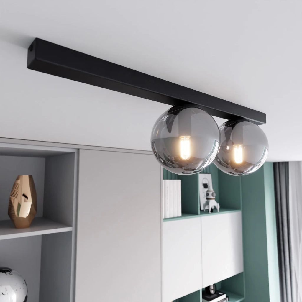 Plafoniera Moderna 2 Luci Giapeto Barra In Acciaio Nero E Sfere Di Vetro Fumè