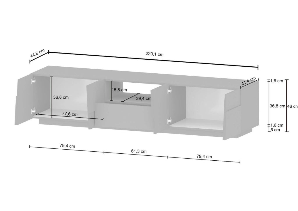 Mobile porta TV Maestrale, Credenza bassa da soggiorno con 4 ante e 1 cassetto, Base porta TV, 220x44h46 cm, Bianco lucido