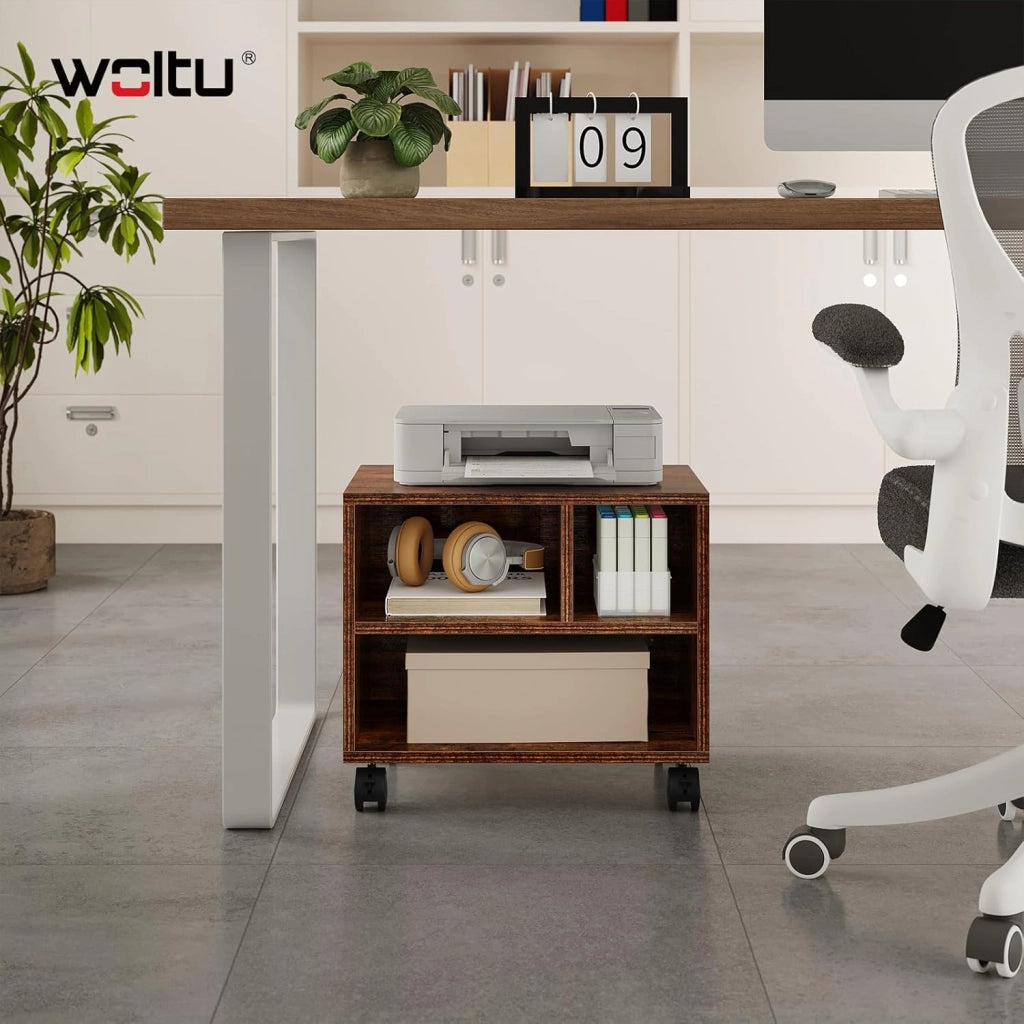 Carrello Porta Stampante con 3 Scomparti Aperti, Mobiletto con Ruote, Supporto per Stampante in Legno, Classificatore per Documenti per Studio, Ufficio, 40x30x35cm, Marrone Rustico