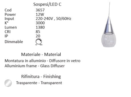 SOSPESI-LED C Sospensione 1 luce a led 12W 3000k colore cristallo senza base d.10cm h23cm