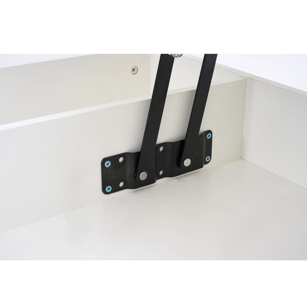 Tavolino da caffè 100x50x42 cm con piano sollevabile; LED e vano nascosto in truciolato bianco